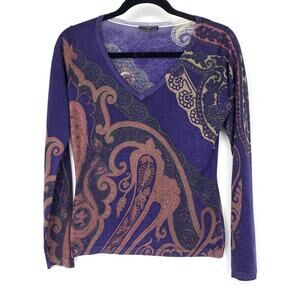 Etro Milano Purple Paisley Silk Cashmere V-Neck Sweater Long Sleeve Sz 42 US M